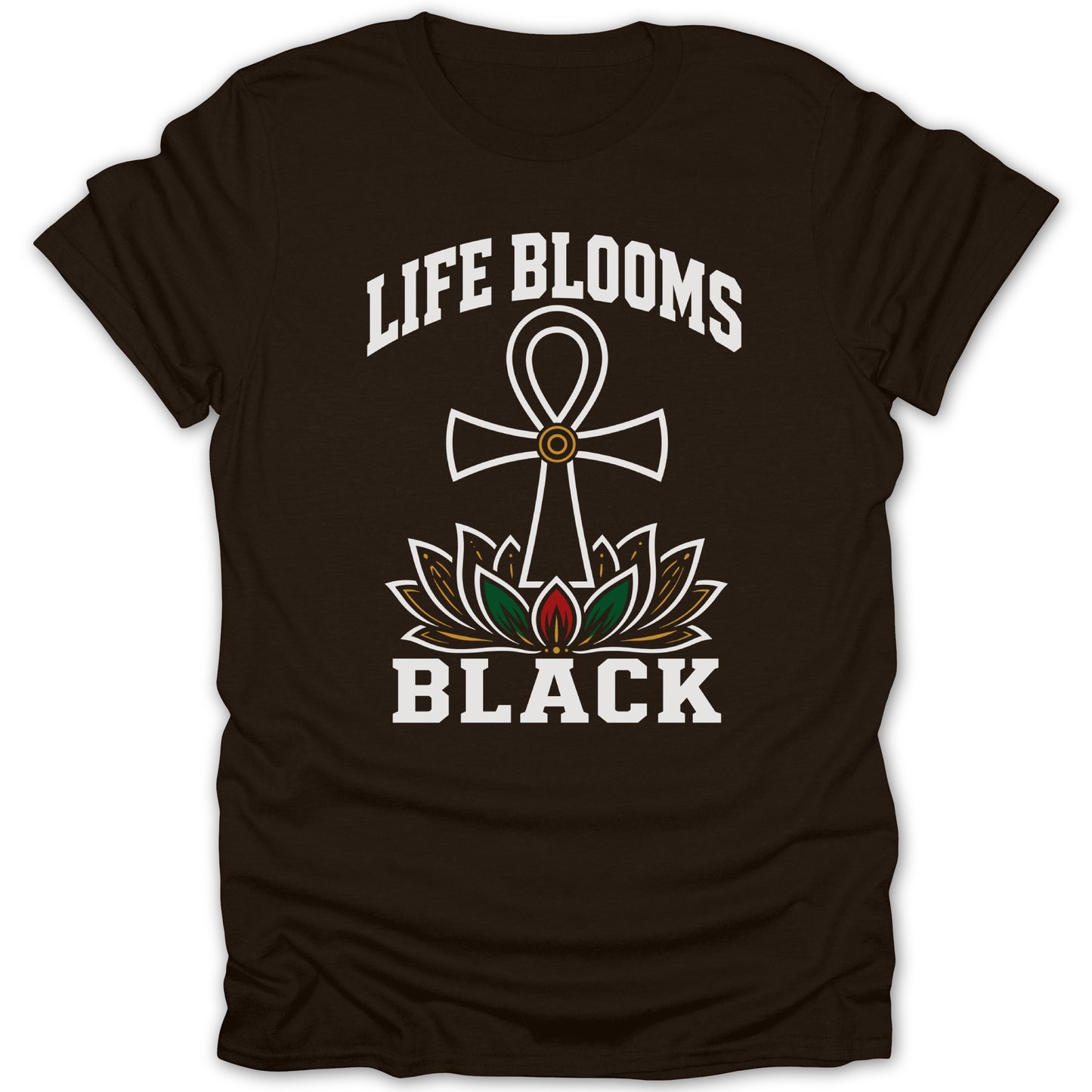 Brown t-shirt with an ankh over a lotus and text "LIFE BLOOMS BLACK".