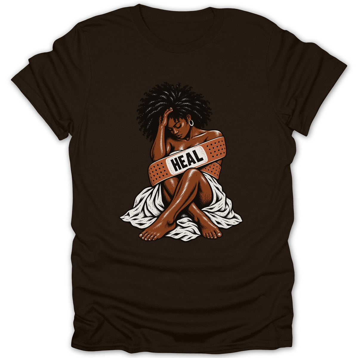 Illustration of a woman with a bandage saying "HEAL" on a brown t-shirt.