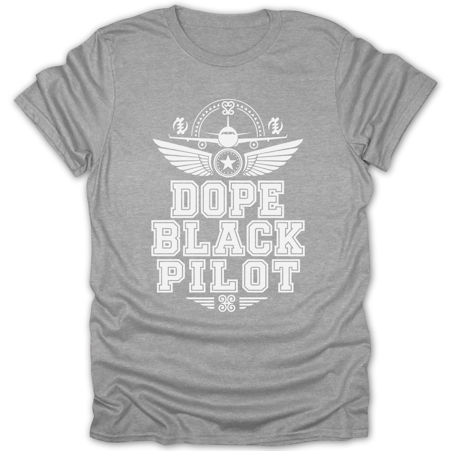 Grey t-shirt with white graphic text "Dope Black Pilot" and aviation elements.