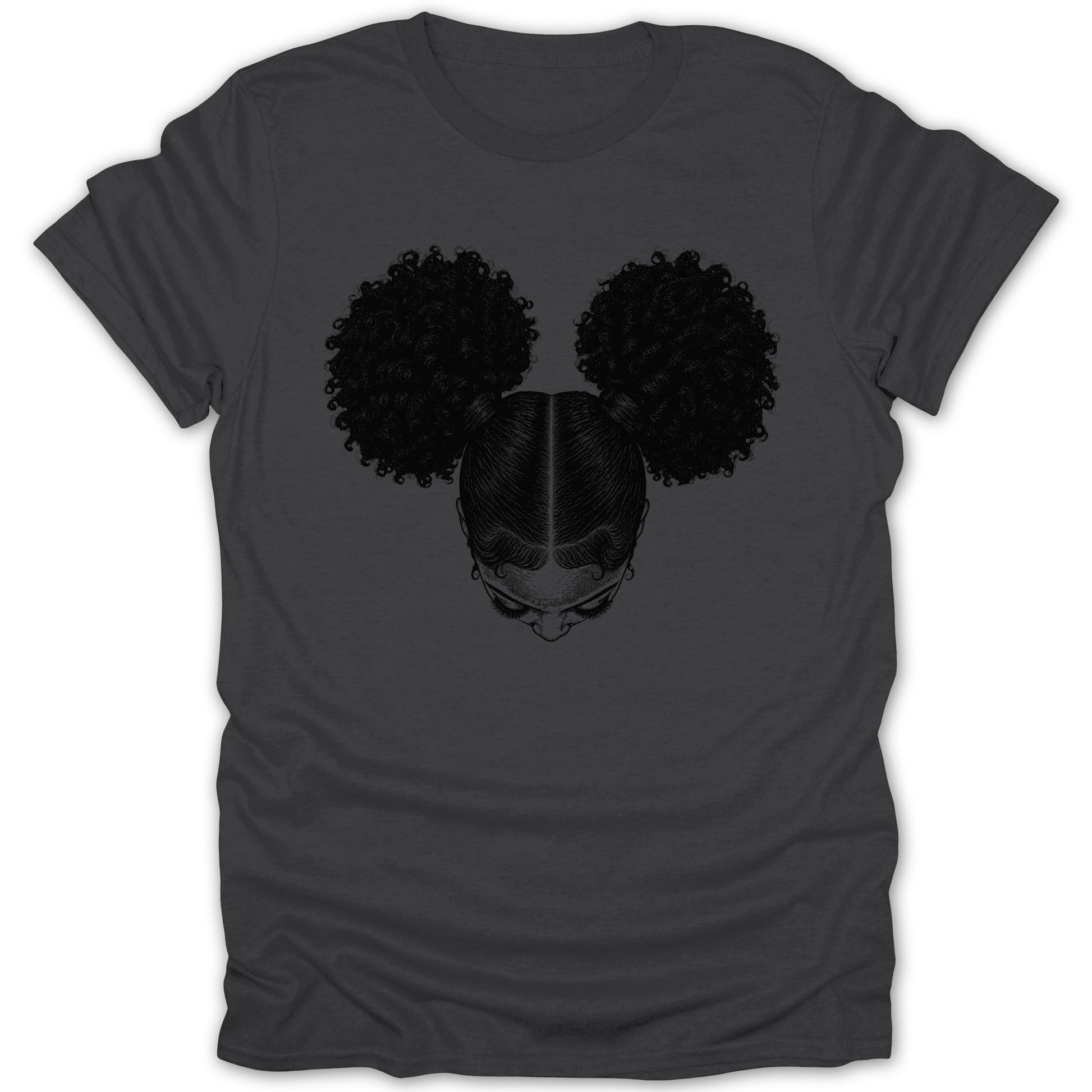 T-shirt with black graphic of a woman's head with two afro puffs.