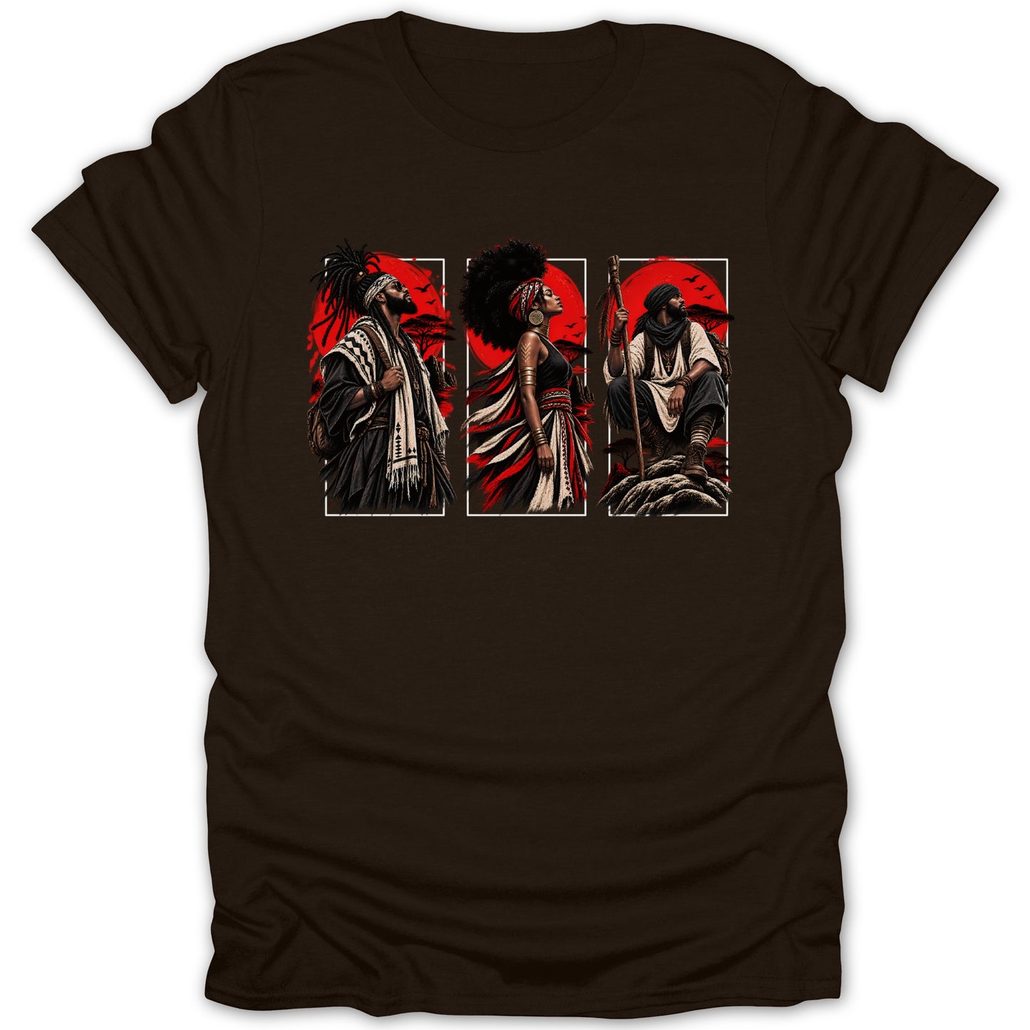 Triptych artwork of three figures in traditional attire against a red sunset sky.