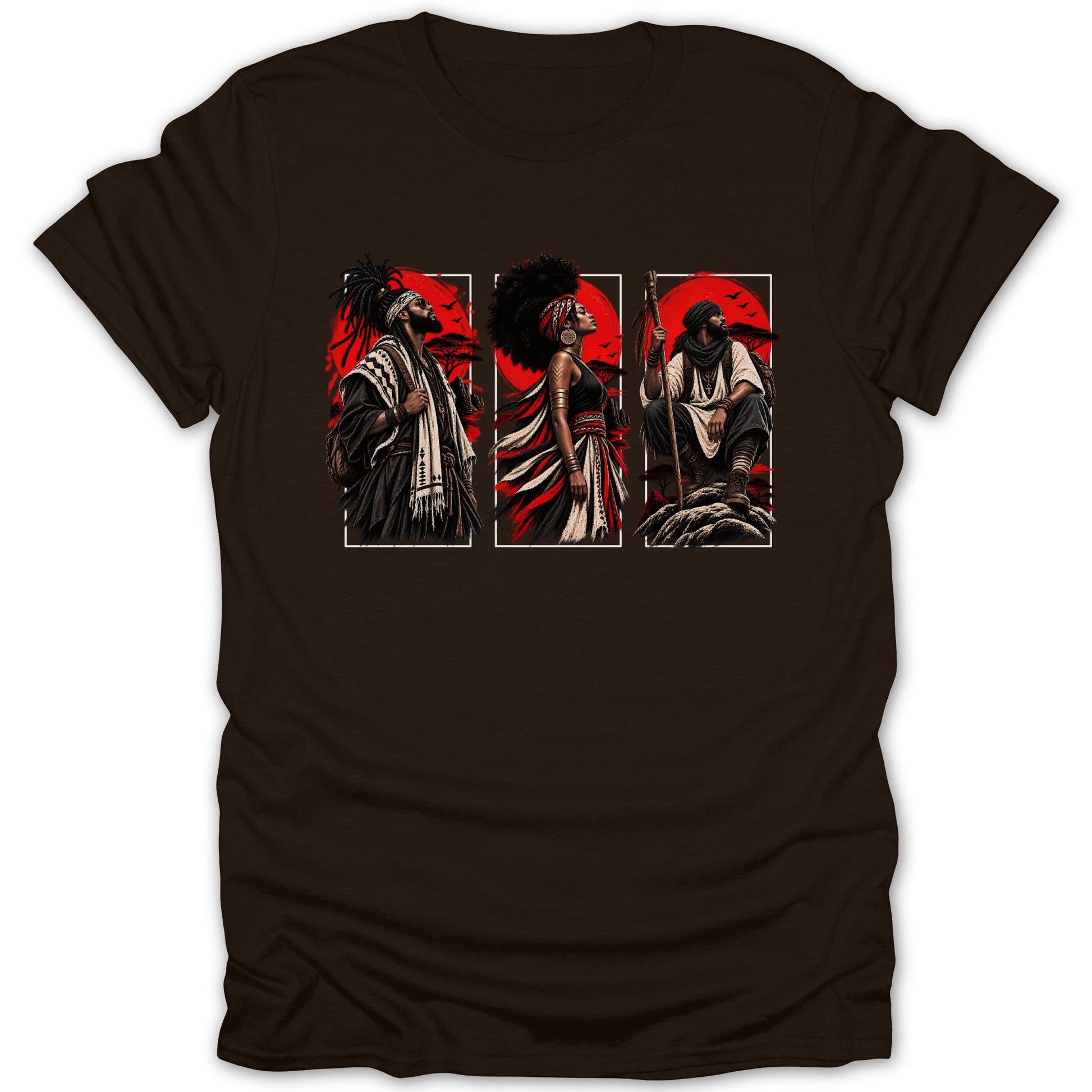 Triptych artwork of three figures in traditional attire against a red sunset sky.
