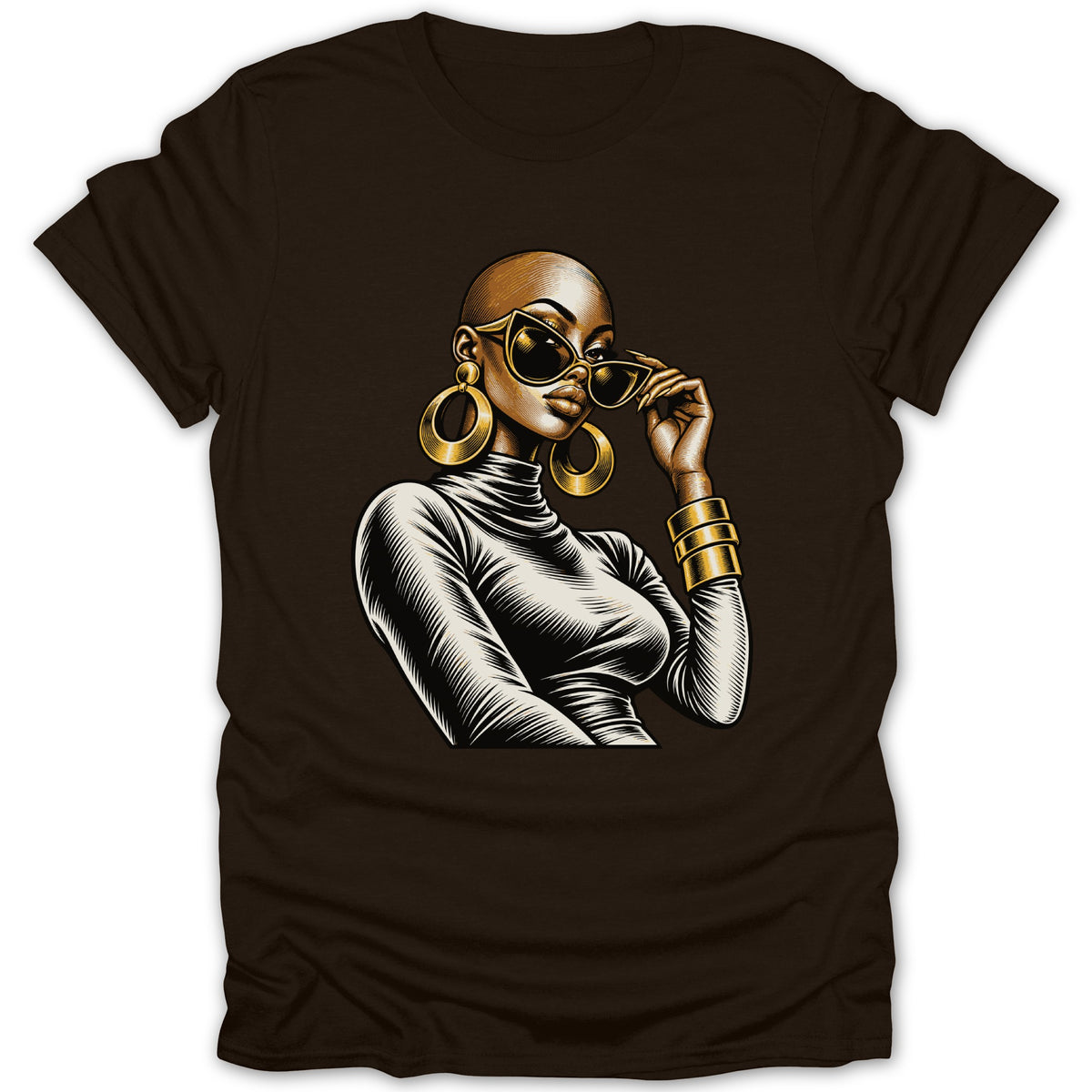 Illustration of a bald woman wearing sunglasses and large gold earrings on a brown t-shirt.