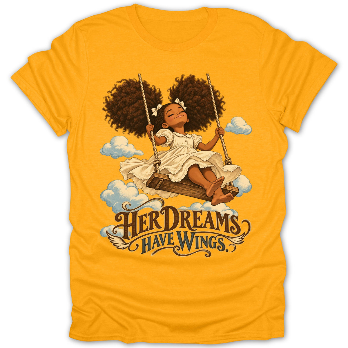 Illustration of a Black girl on a swing with text "Her Dreams Have Wings."
