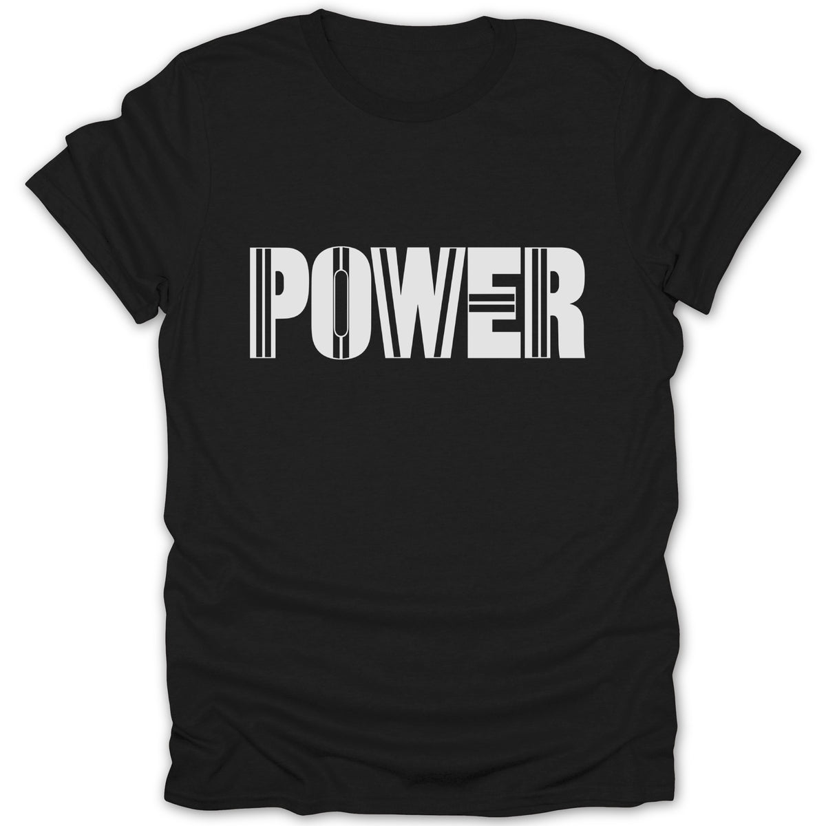 Black t-shirt with white text "POWER" in a stylized font.