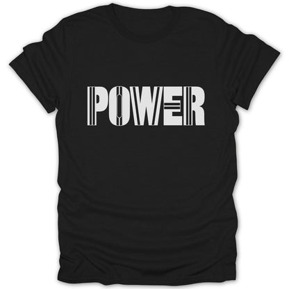 Black t-shirt with white text "POWER" in a stylized font.