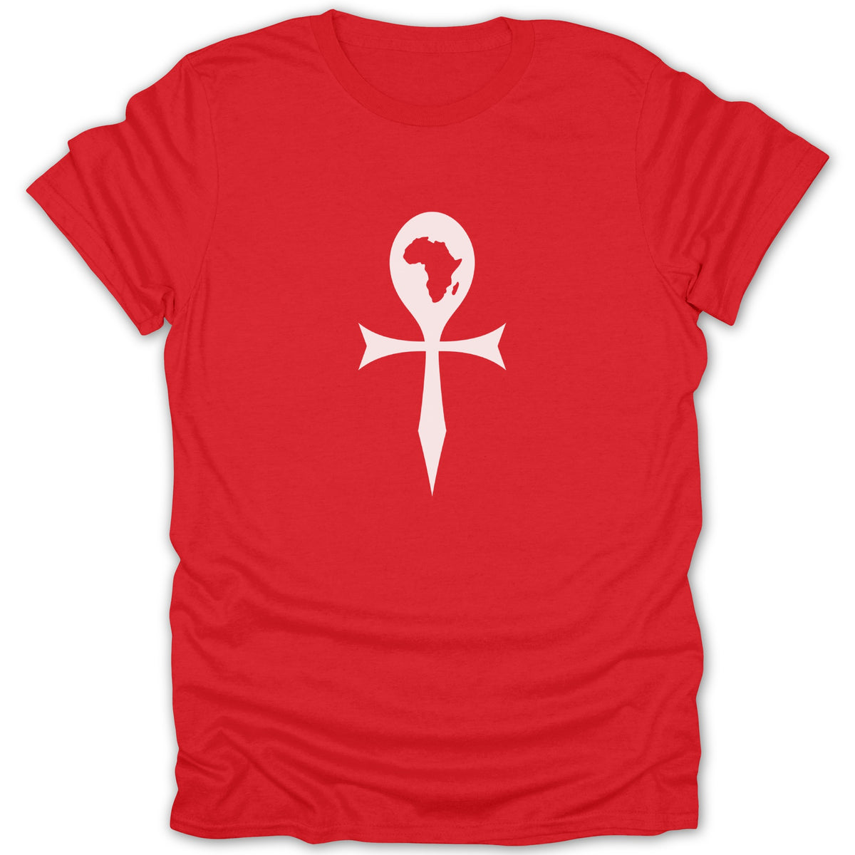 Bright red short-sleeved t-shirt featuring a white ankh symbol centered on the chest, with an outline of Africa inside the ankh loop.