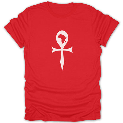 Bright red short-sleeved t-shirt featuring a white ankh symbol centered on the chest, with an outline of Africa inside the ankh loop.