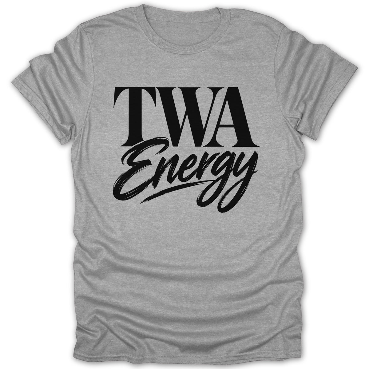 Grey t-shirt with black text "TWA Energy" on the front.