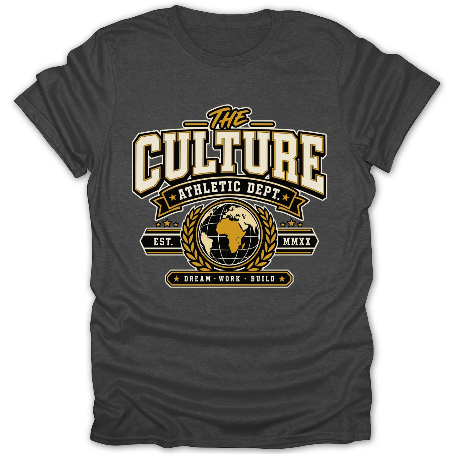 Dark grey t-shirt with a black, gold, and cream "The Culture Athletic Dept." logo.
