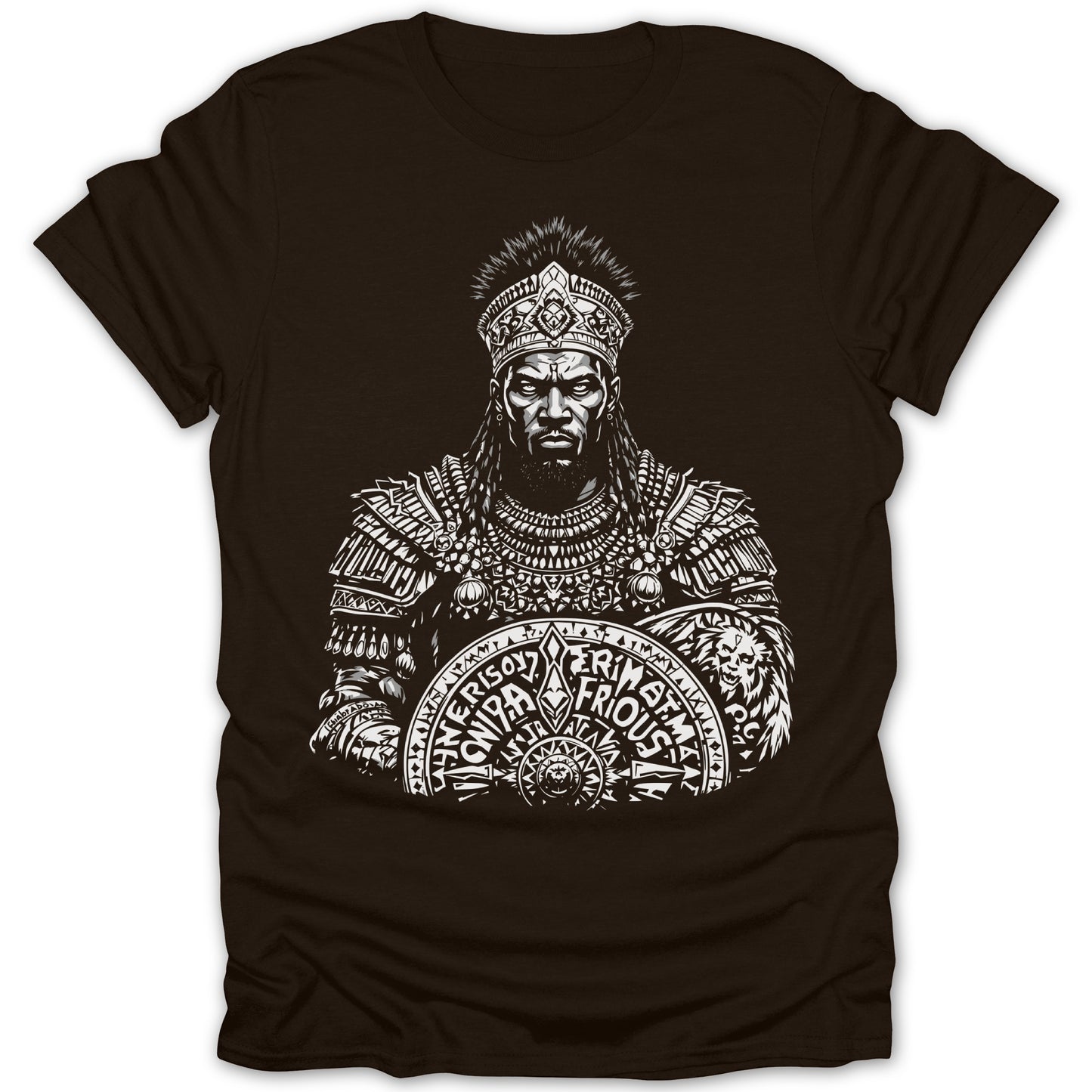 T-shirt with monochrome graphic of a crowned warrior holding a detailed shield with text.