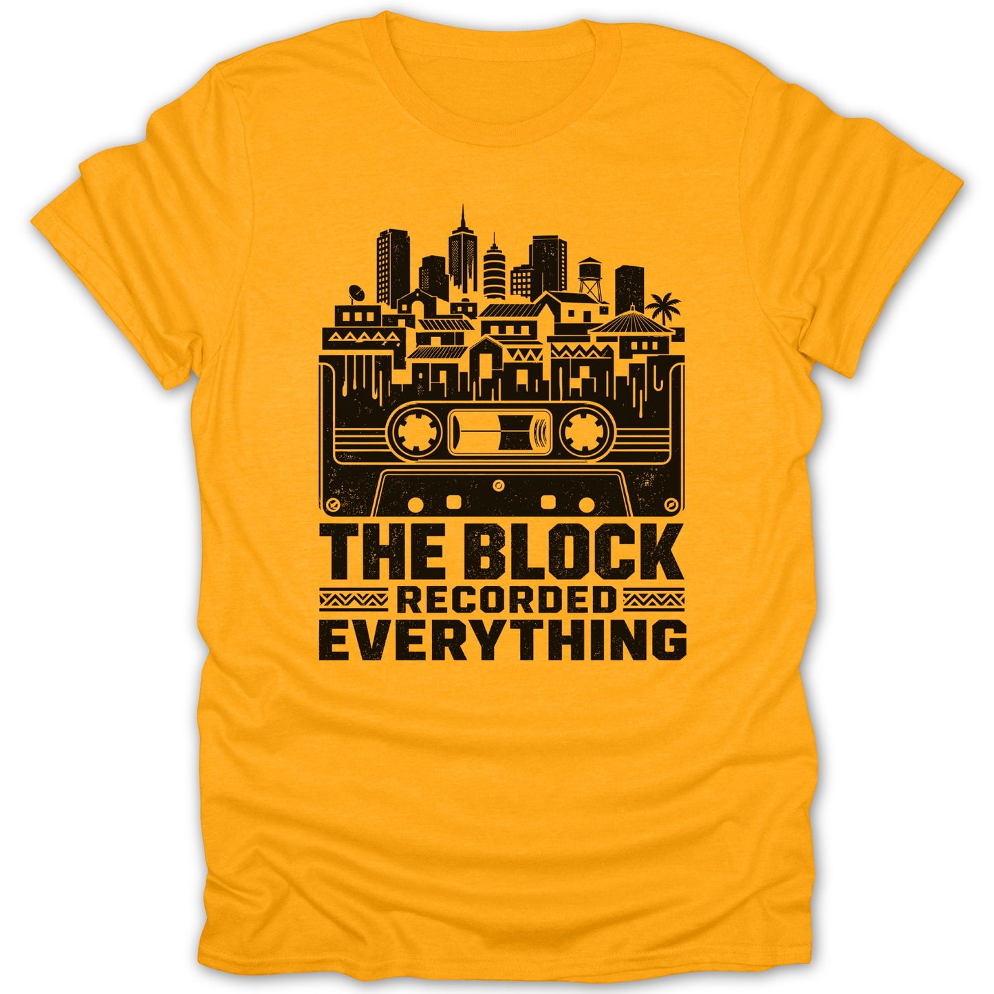 Yellow t-shirt with black graphic of a cassette tape, city skyline, and text.