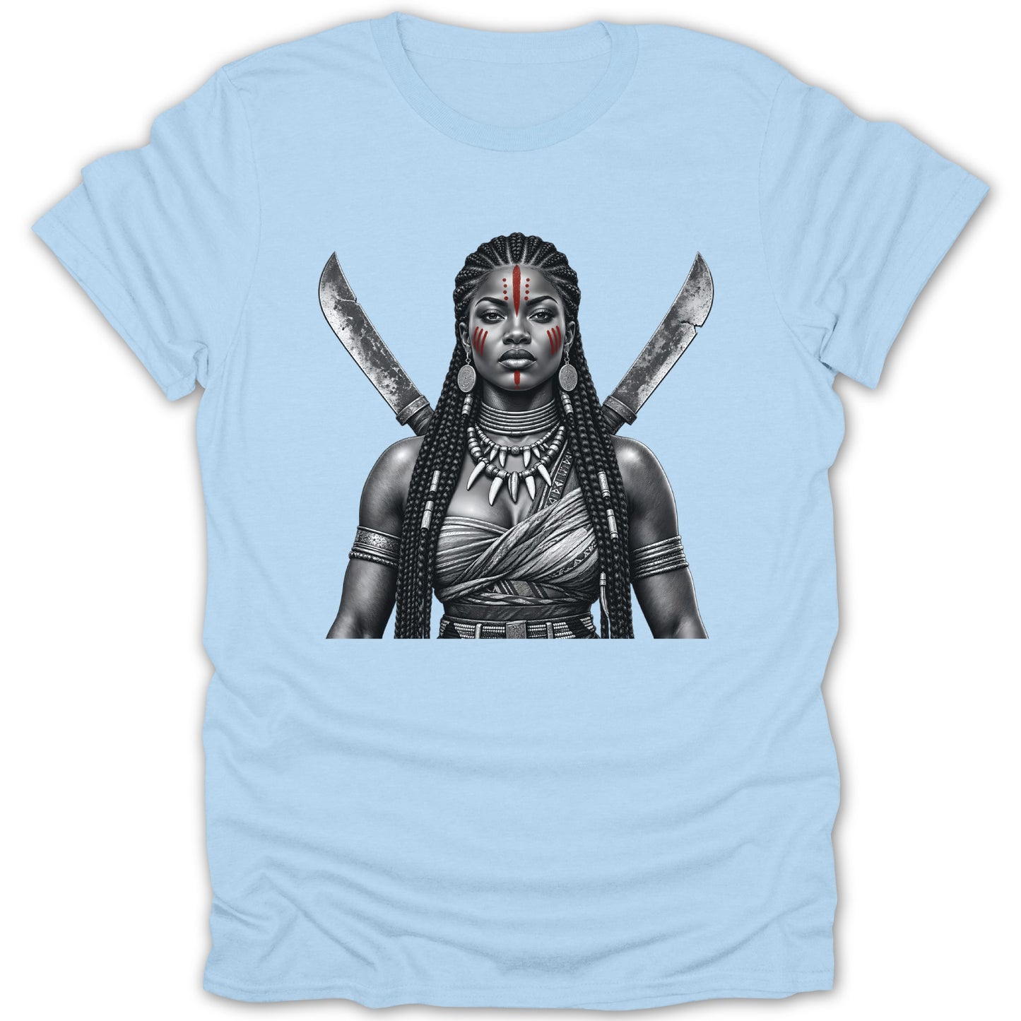Warrior woman with crossed swords and red face paint on light blue t-shirt.