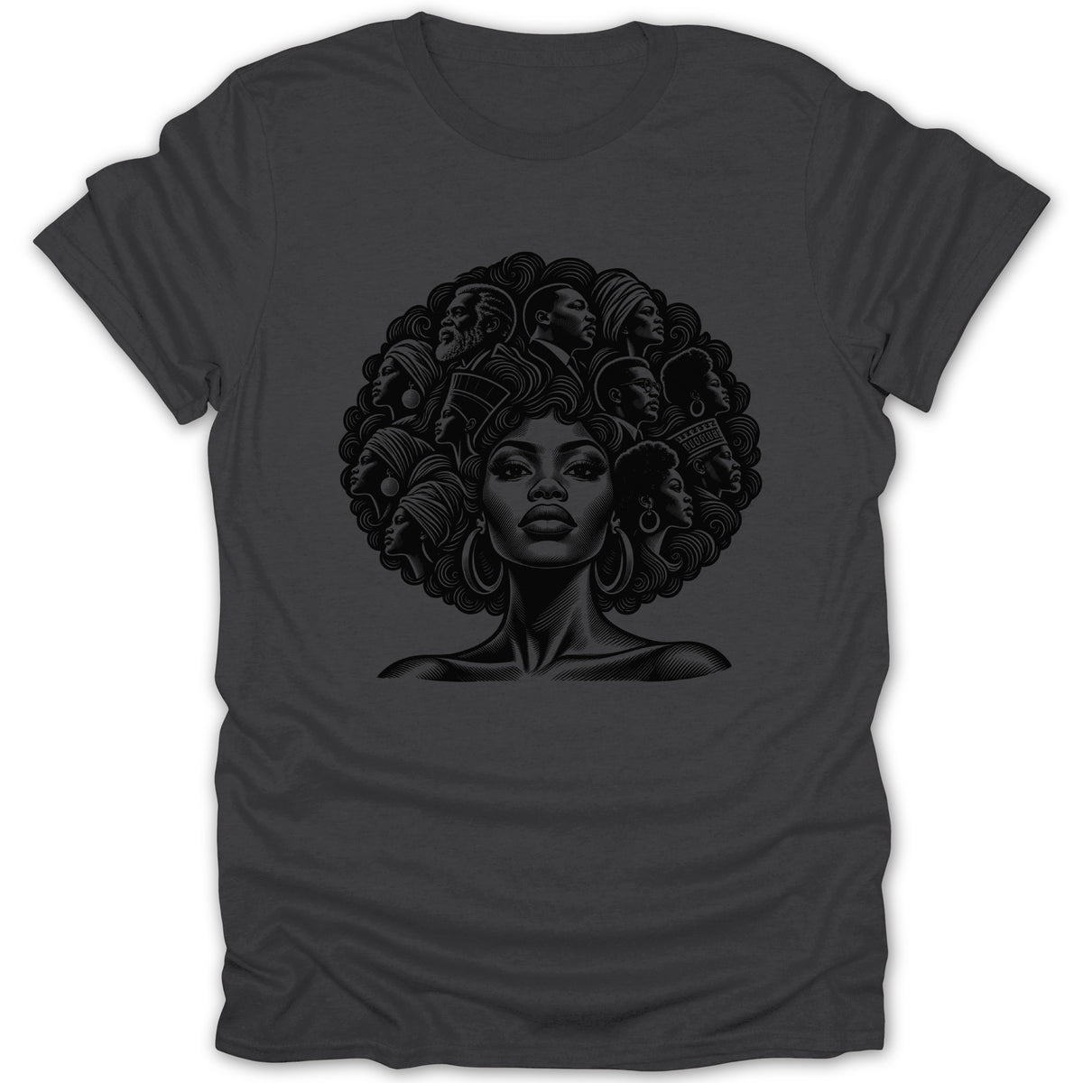 T-shirt with a black and white graphic of a woman's face surrounded by other portraits.