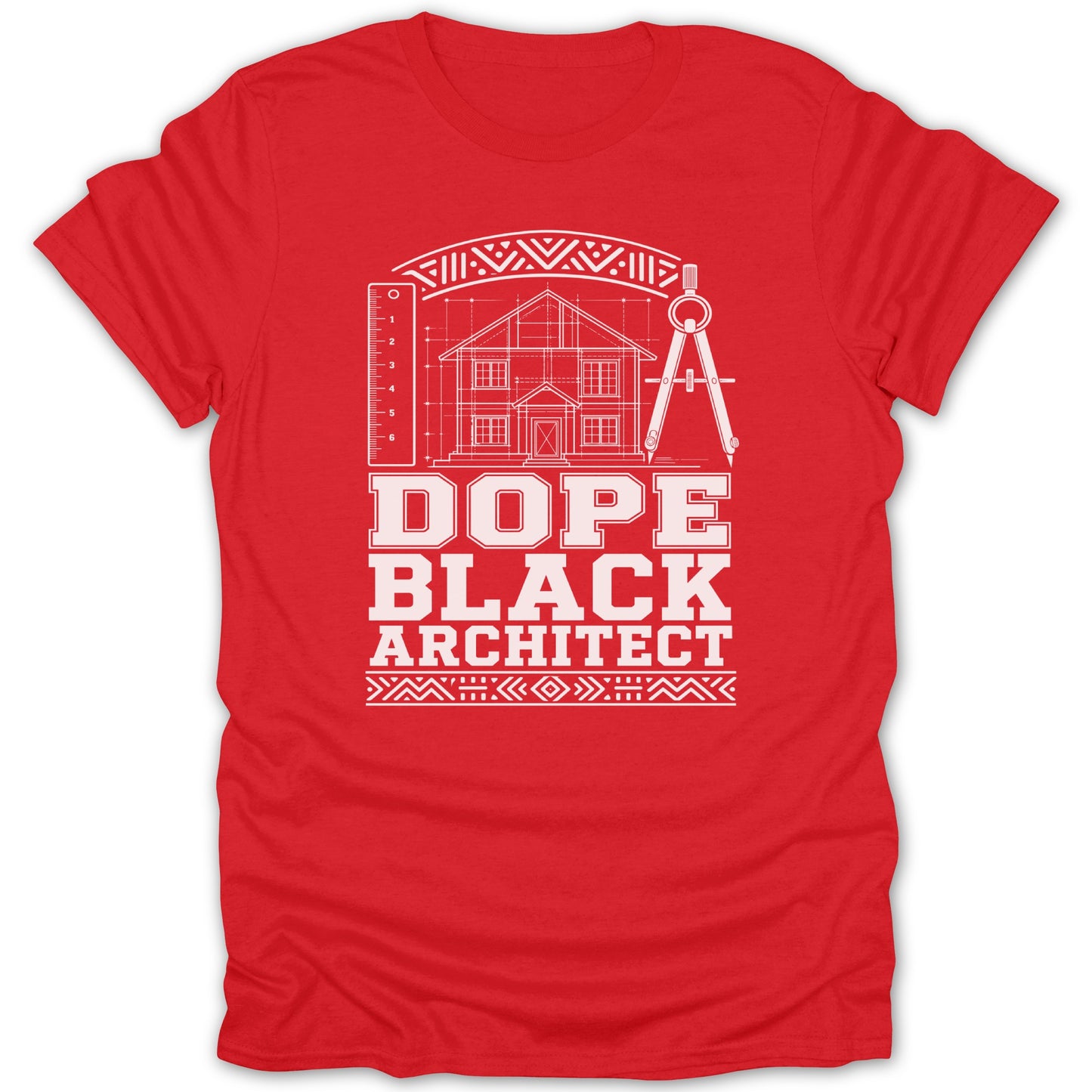 Red t-shirt with white graphic text "DOPE BLACK ARCHITECT" and architectural drawing.