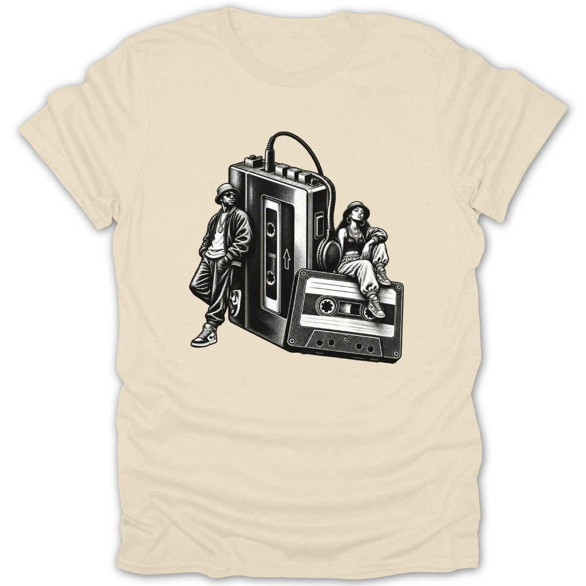 Black and white illustration of two people and a cassette player on a beige t-shirt.