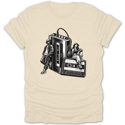 Black and white illustration of two people and a cassette player on a beige t-shirt.