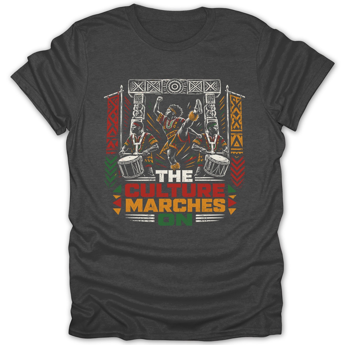 "The Culture Marches On" text with drummers and dancer in traditional African attire.
