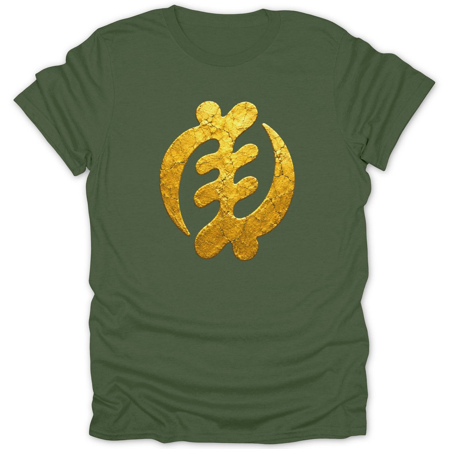 Green t-shirt with a cracked gold Sankofa symbol graphic.