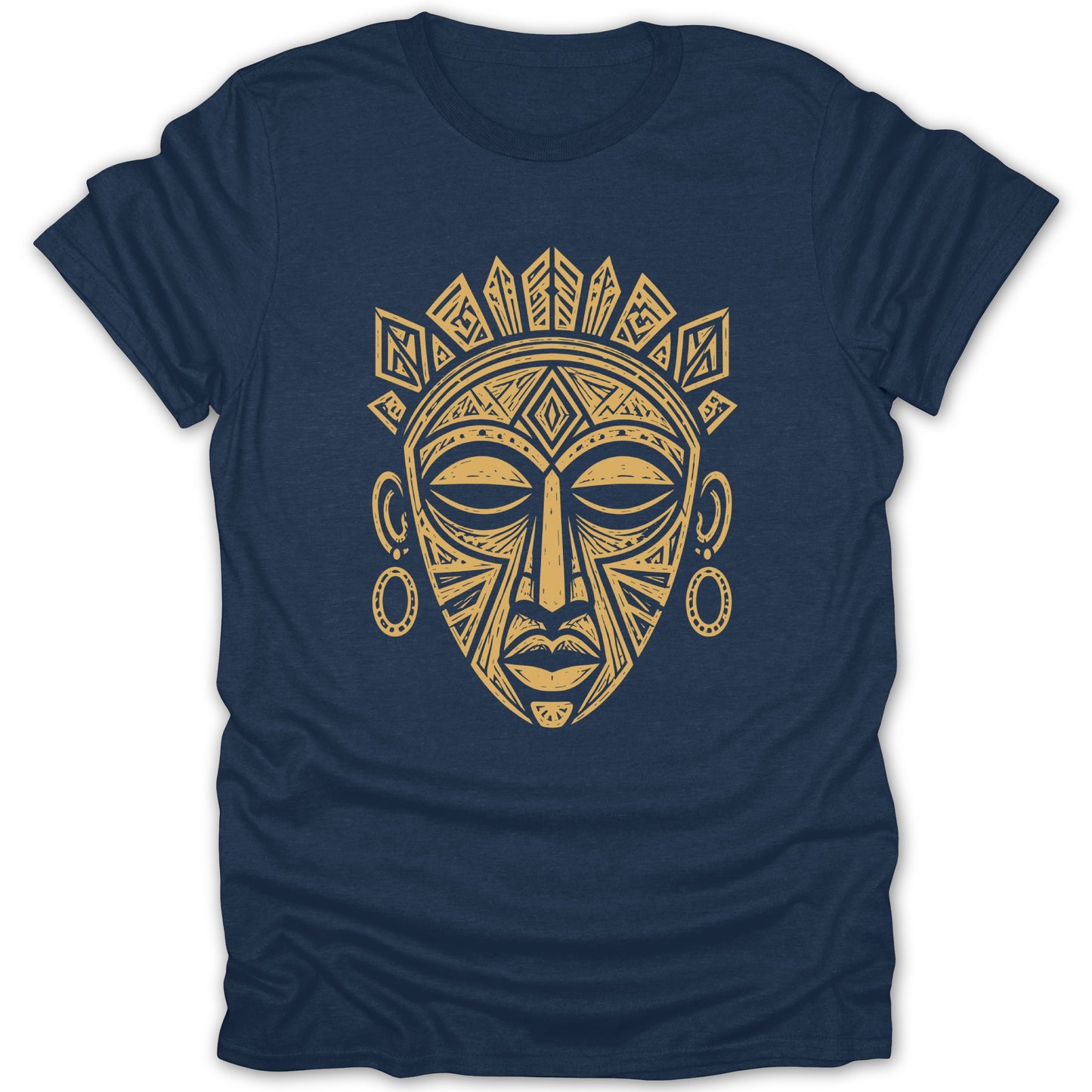 Navy t-shirt with a gold tribal mask design featuring geometric patterns.