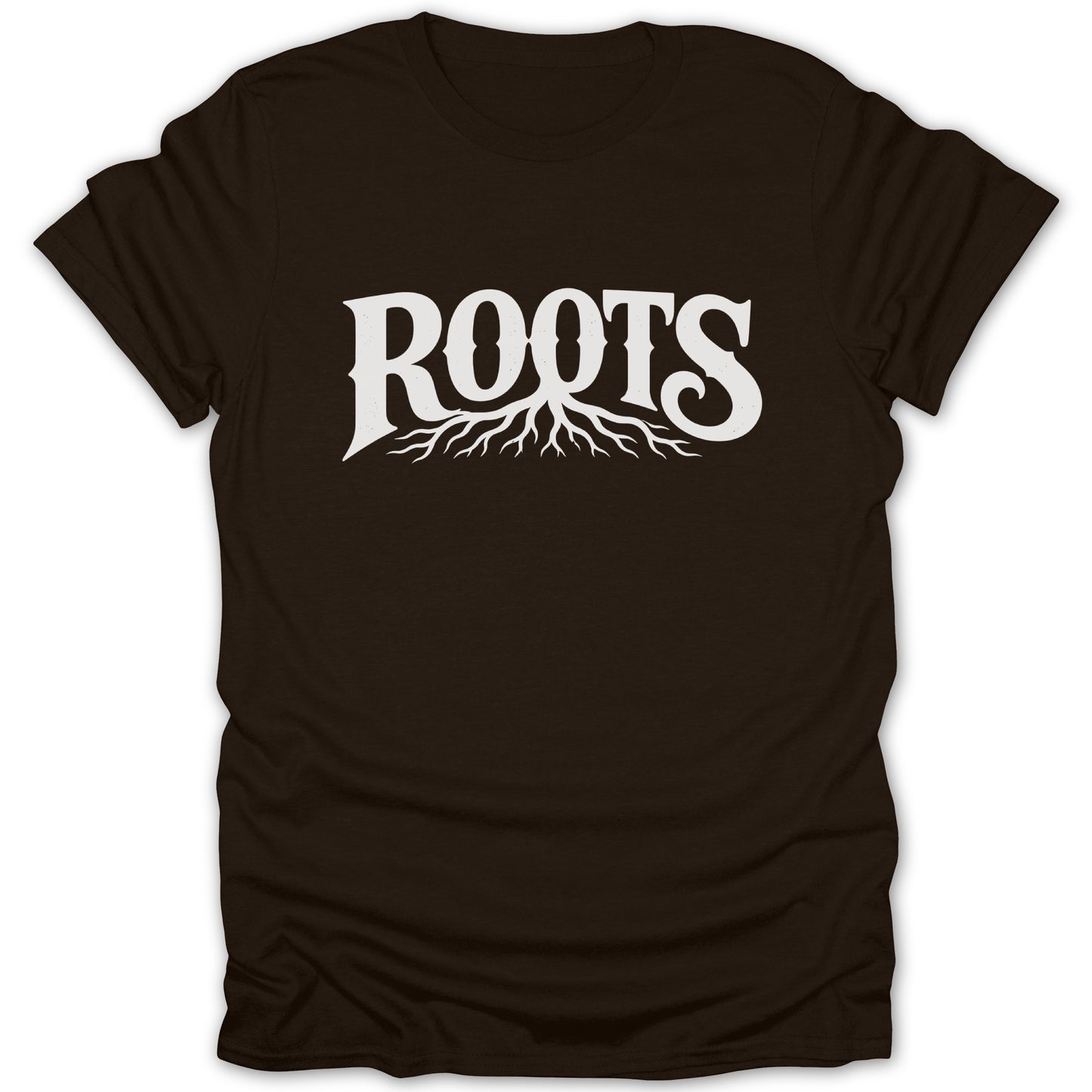 Brown t-shirt with white "ROOTS" text and root graphic.