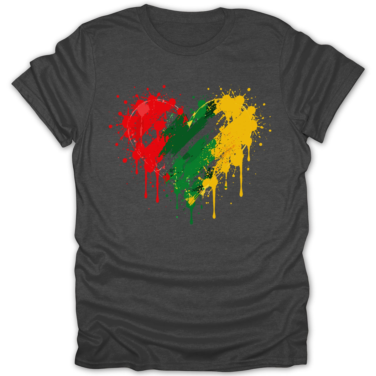 Dark t-shirt with a red, green, and yellow paint splatter heart design.
