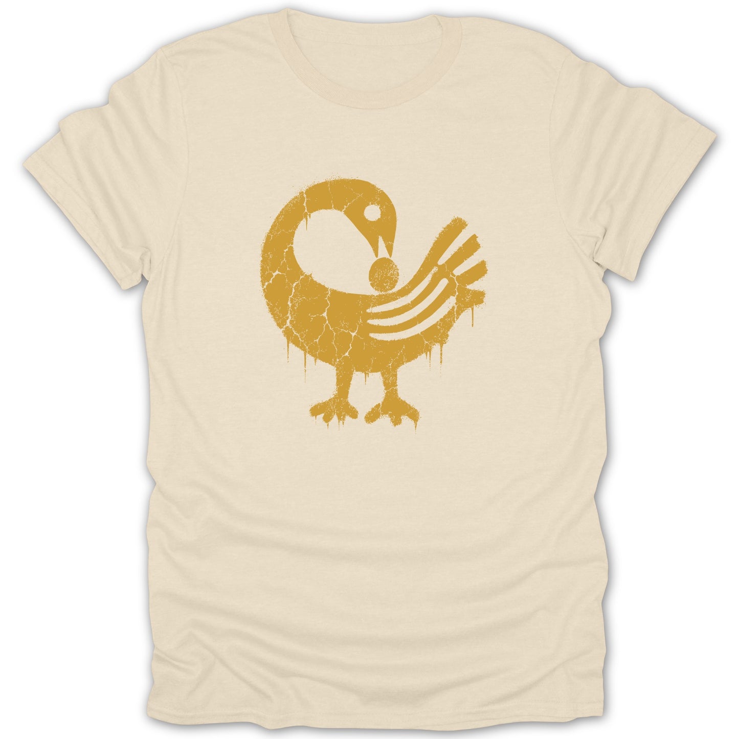 Cream t-shirt with distressed yellow Sankofa bird graphic.