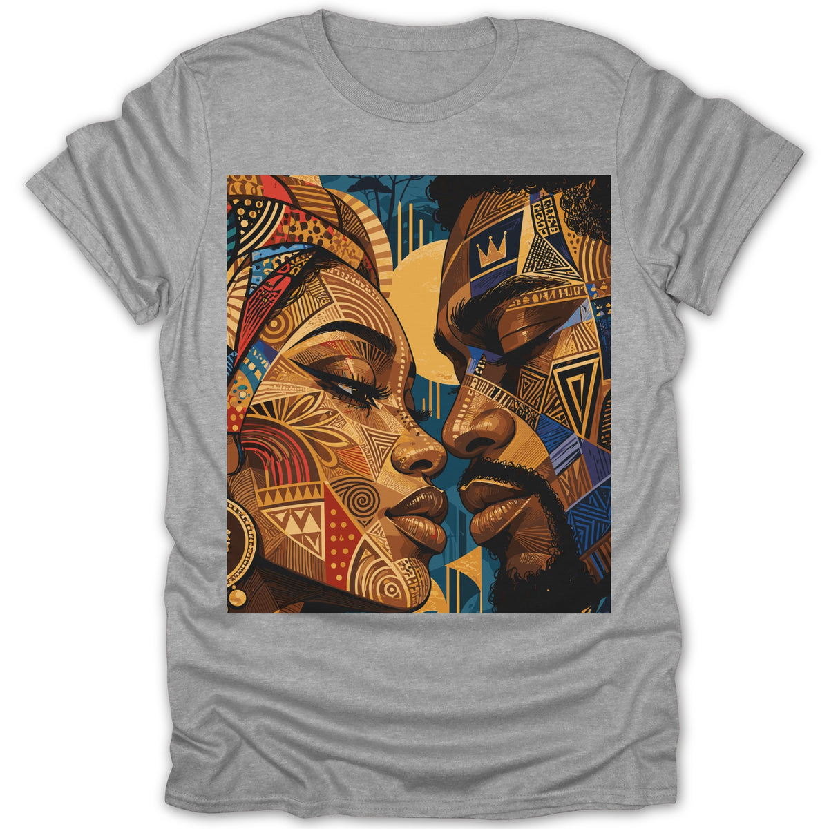 T-shirt with abstract art of two people with geometric patterns on their faces.