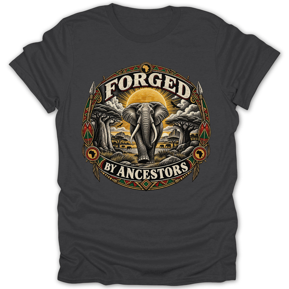 Elephant and African landscape with text "FORGED BY ANCESTORS" in ornate circle.