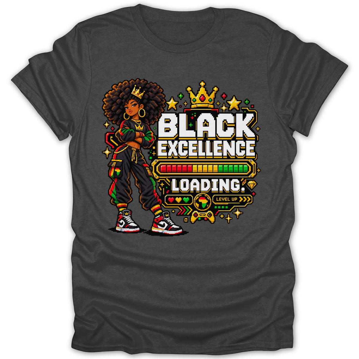 Pixel art of woman with crown and text "BLACK EXCELLENCE LOADING" on dark t-shirt.