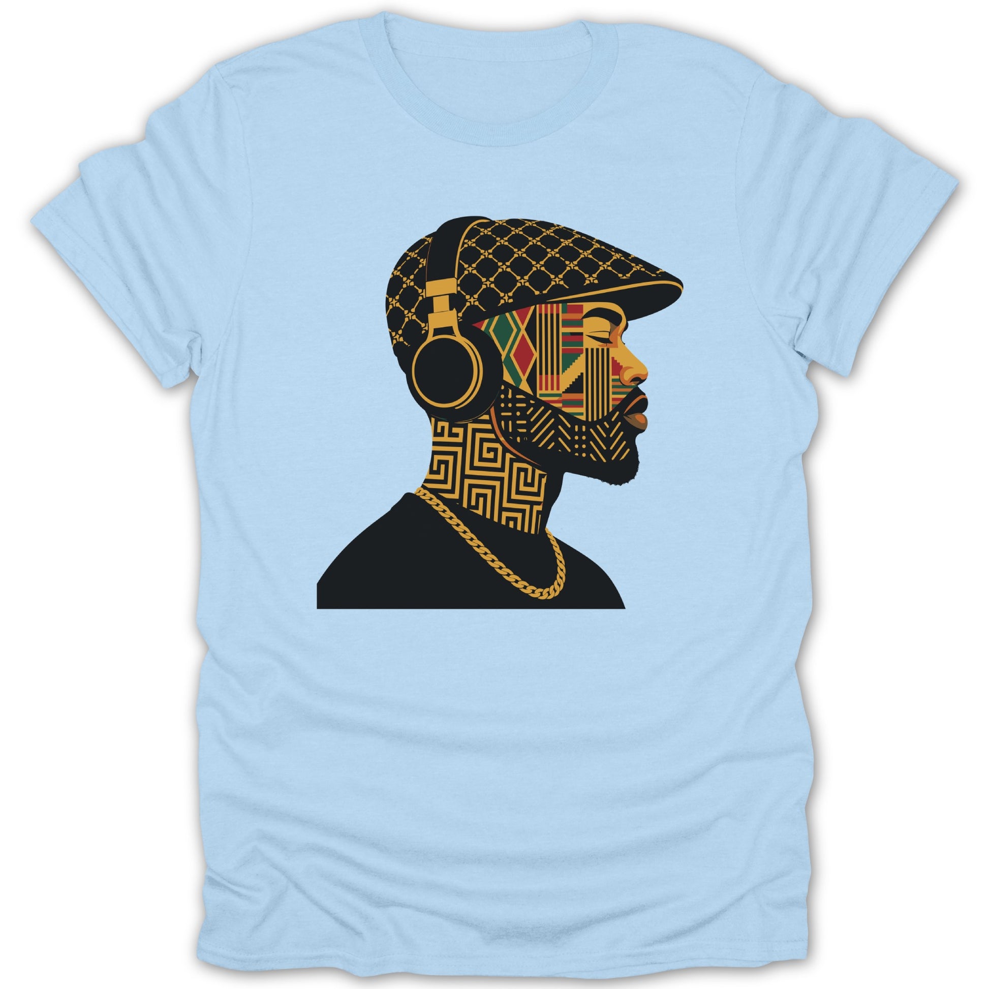 Light blue t-shirt with a graphic of a man wearing headphones and a patterned cap.