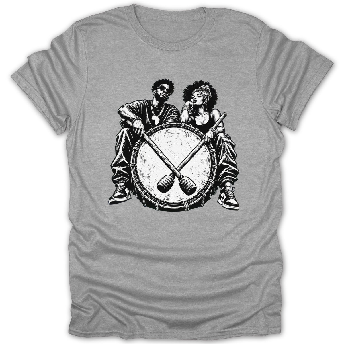 Black and white illustration of a man and woman sitting on a drum with drumsticks.