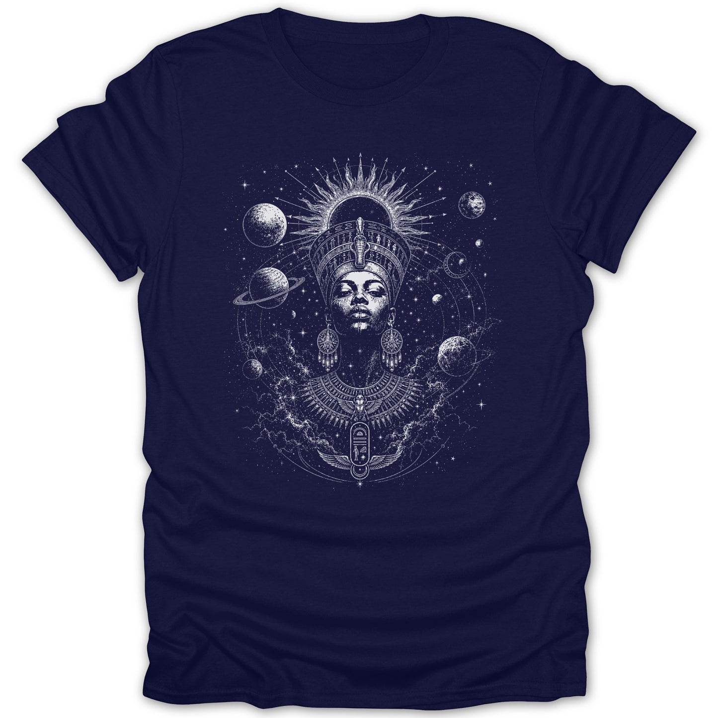 T-shirt with a white graphic of a queen with Egyptian headdress and solar system.