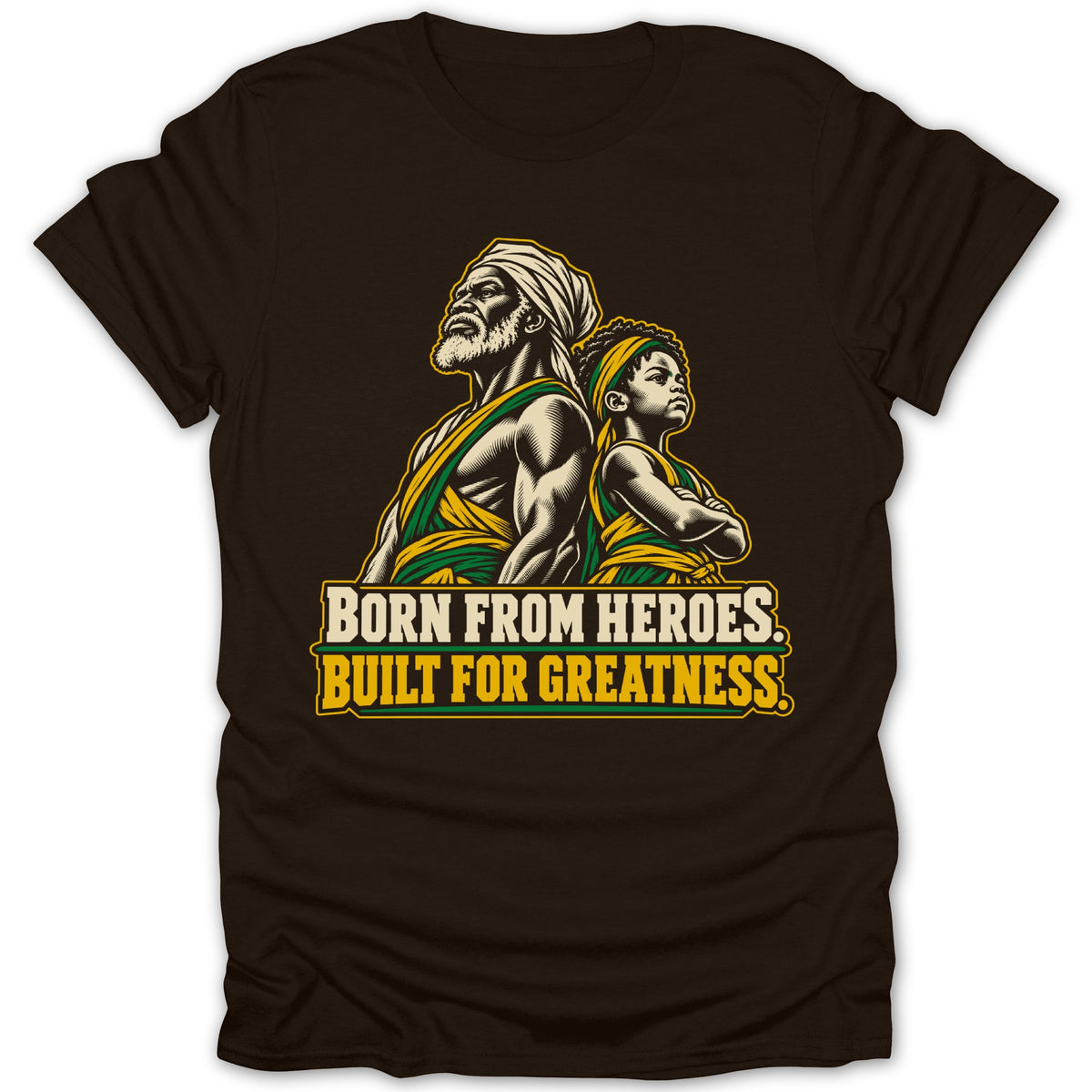Illustration of an elder and child with text "BORN FROM HEROES. BUILT FOR GREATNESS."