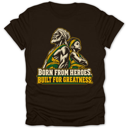 Illustration of an elder and child with text "BORN FROM HEROES. BUILT FOR GREATNESS."