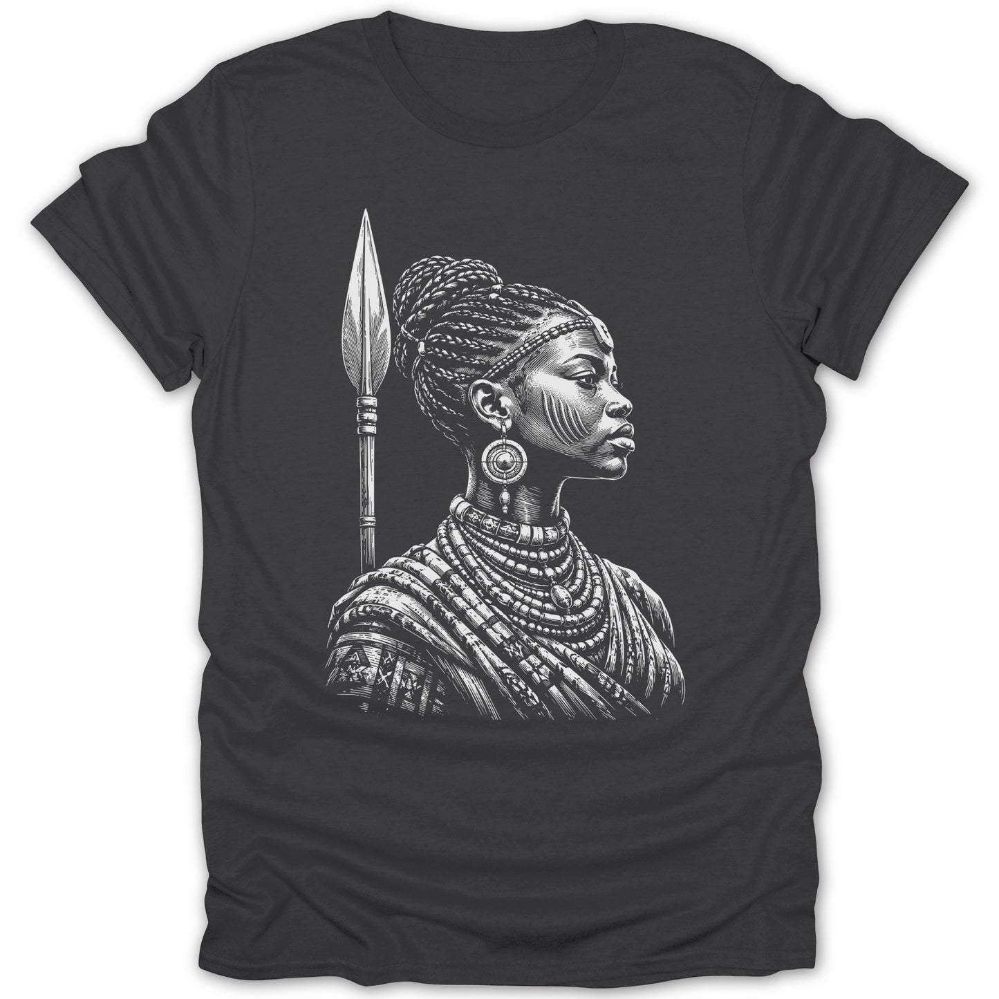 Charcoal t-shirt with a white illustration of a woman with braided hair holding a spear.