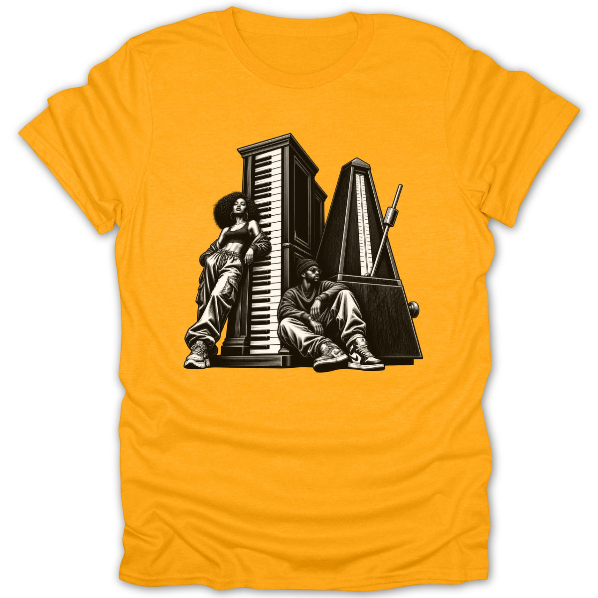 Two figures and musical instruments, a piano and a metronome, on a yellow t-shirt.