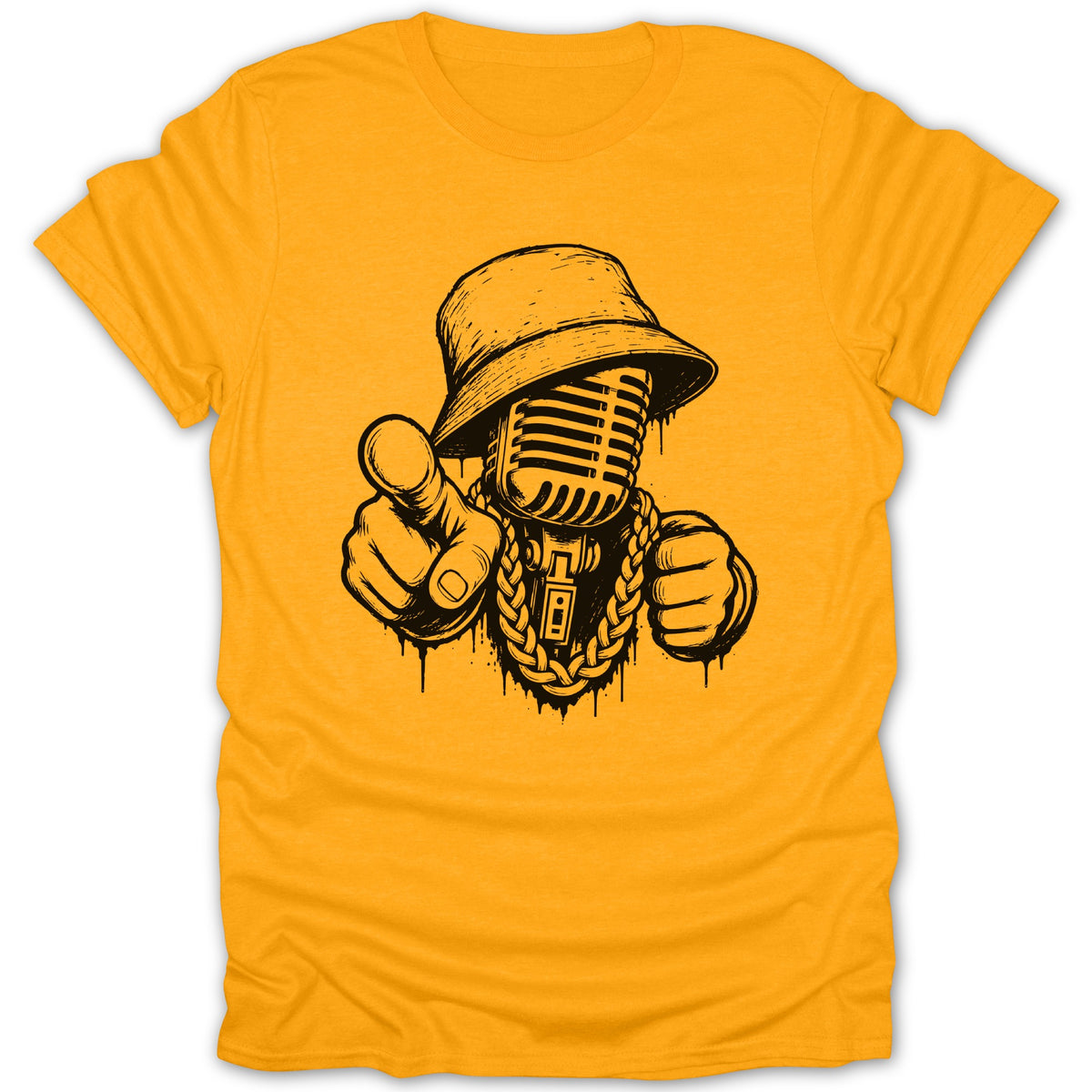 Black graphic of a microphone wearing a bucket hat and gold chain.