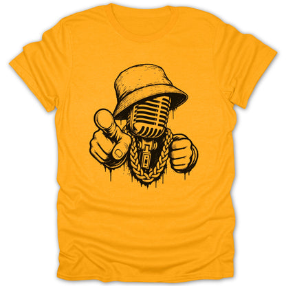 Black graphic of a microphone wearing a bucket hat and gold chain.