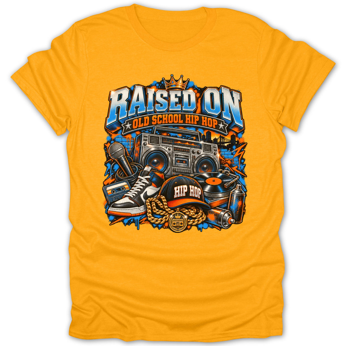 Raised on Old School Hip Hop graphic with boombox, sneakers, and turntable.