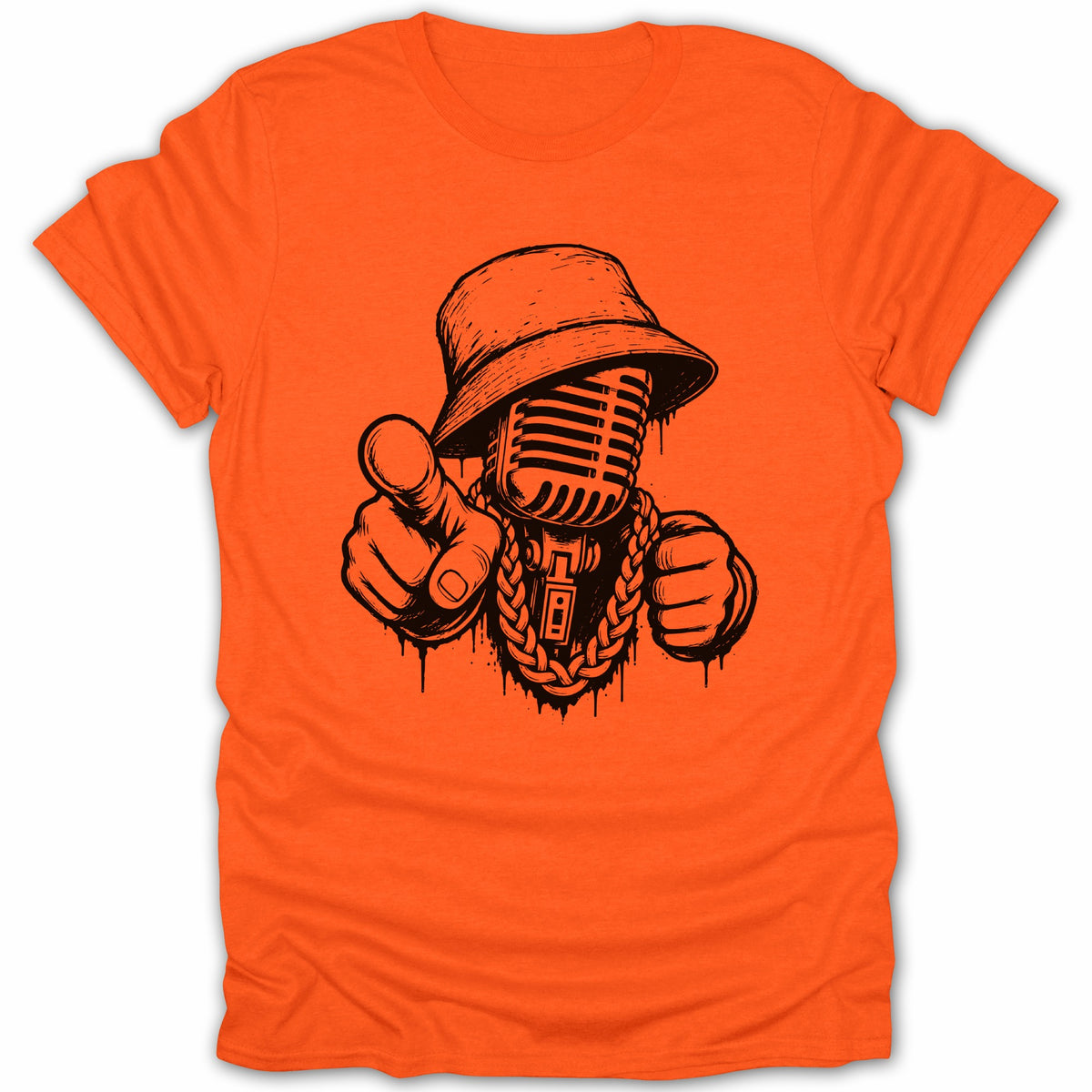 Orange t-shirt with a black graphic of a microphone wearing a bucket hat and gold chain.