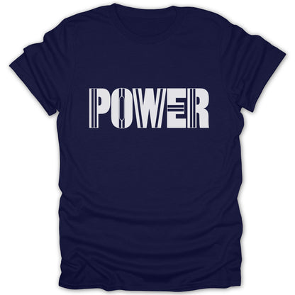 Navy t-shirt with white "POWER" text in a stylized font.