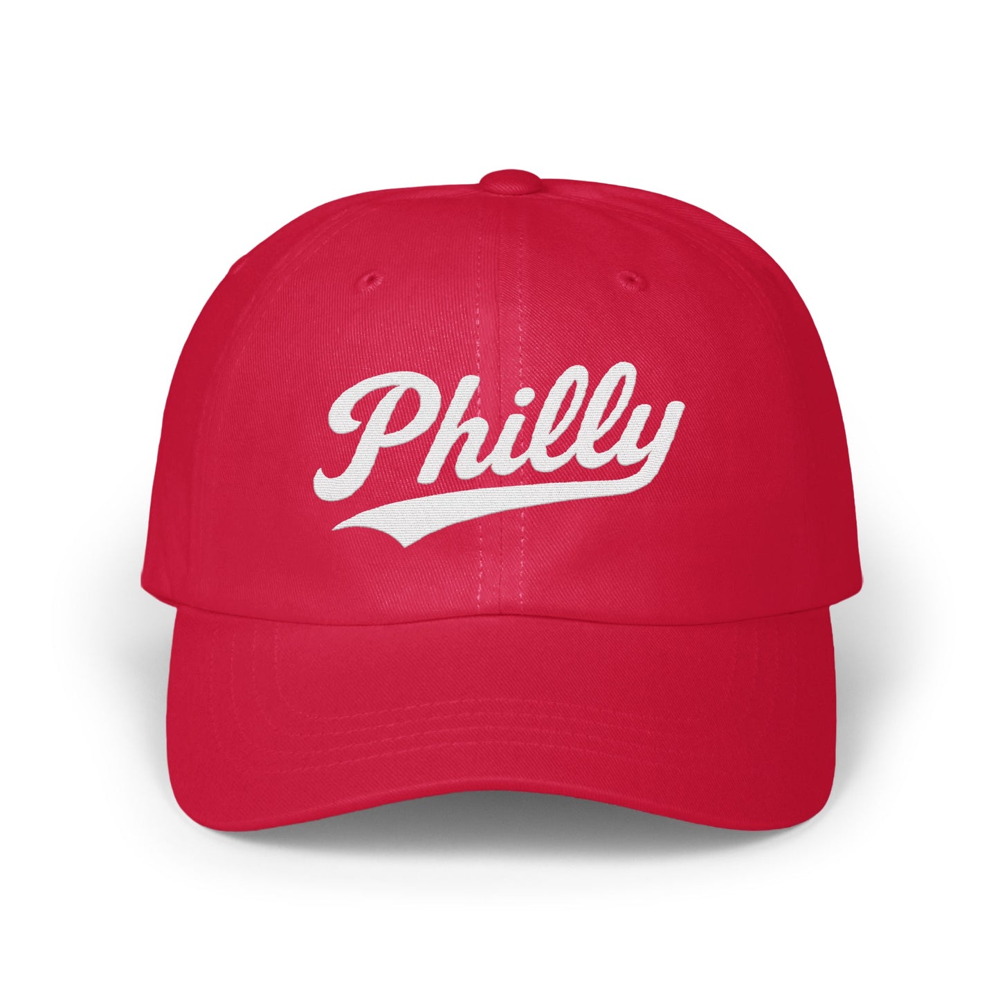 Red baseball cap with "Philly" in white script lettering.