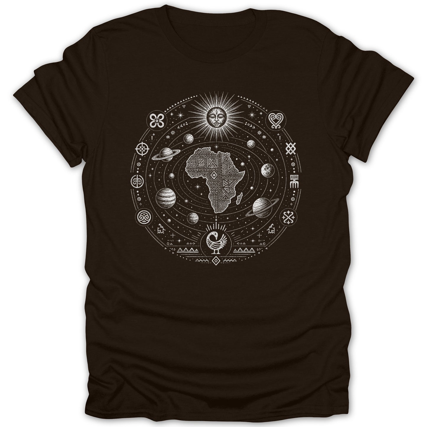 Brown t-shirt with a circular graphic of Africa, celestial bodies, and cultural symbols.