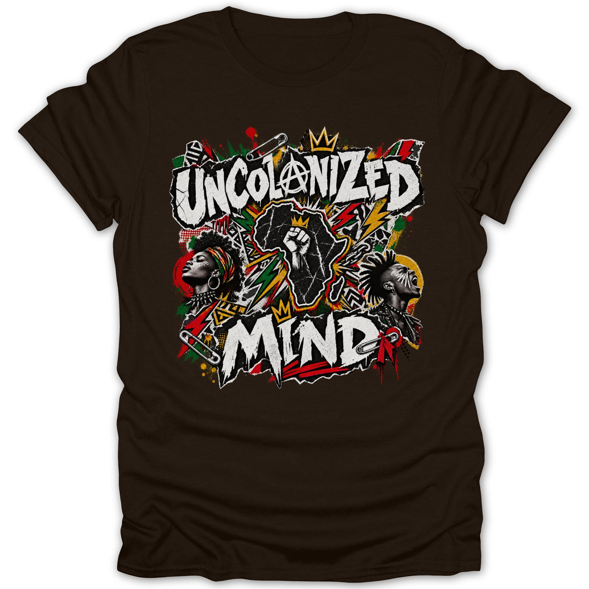 "Uncolonized Mind" text with African continent, fist, and faces on brown t-shirt.