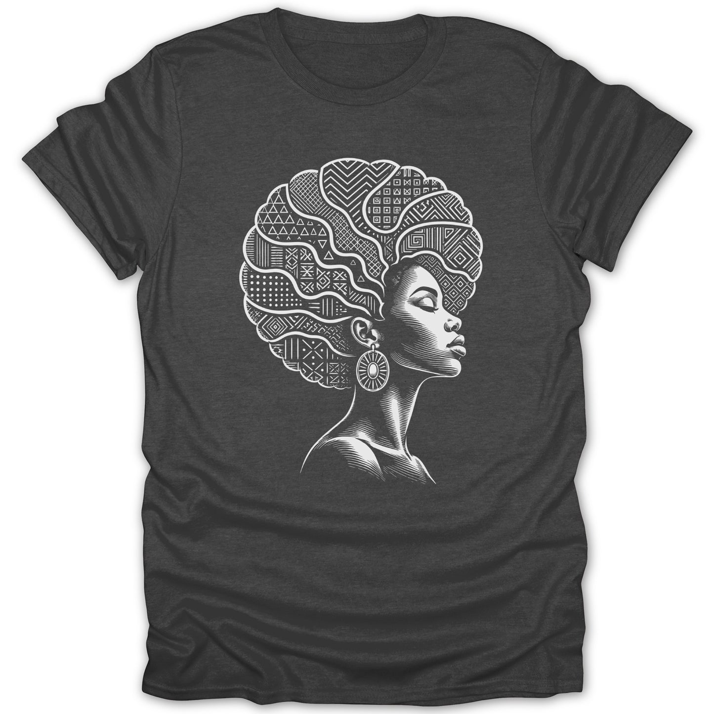 T-shirt with a white graphic of a woman with afro hair styled with geometric patterns.