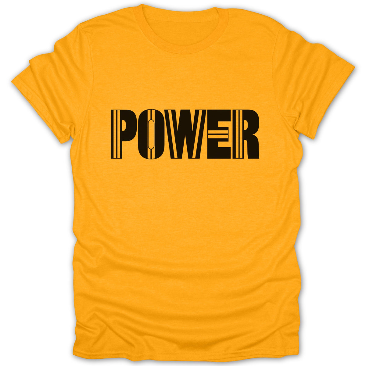 Yellow t-shirt with black text that reads "POWER" across the chest.