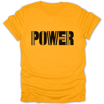 Yellow t-shirt with black text that reads "POWER" across the chest.