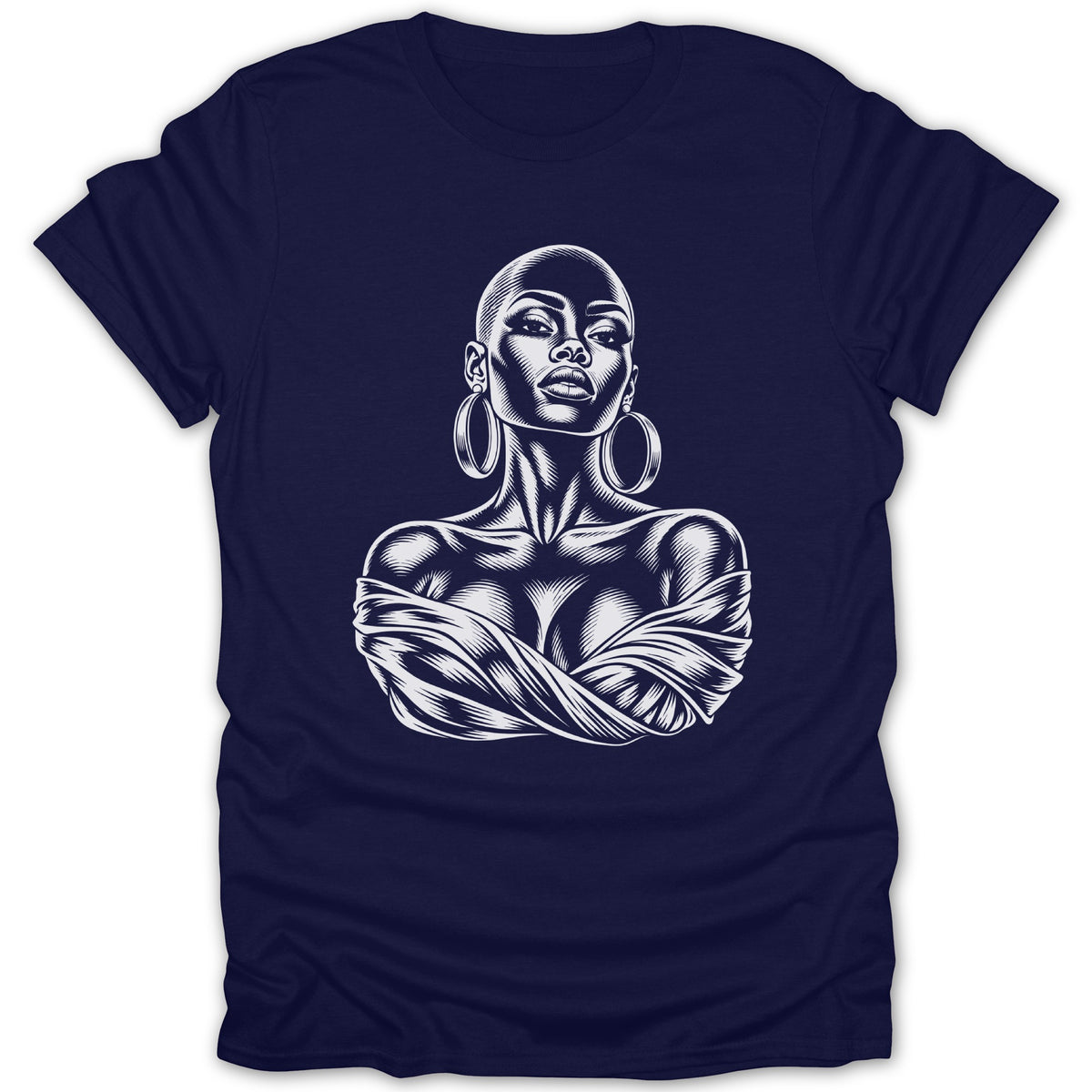 Navy t-shirt with a white graphic of a bald woman with arms crossed and draped fabric.