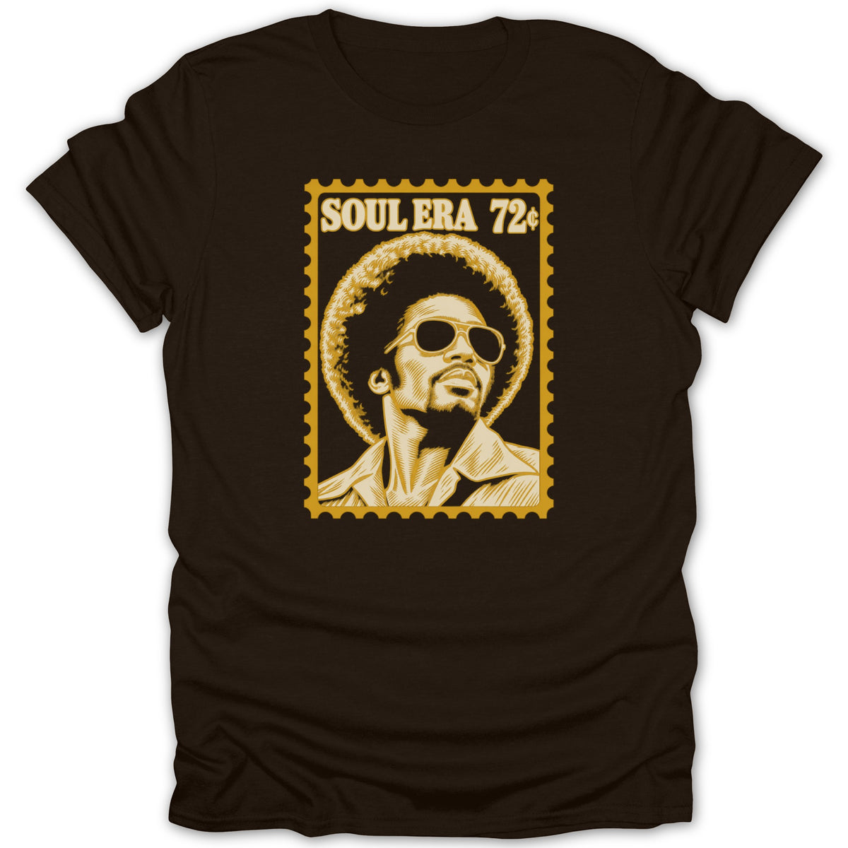 A dark brown t-shirt featuring a yellow graphic of a person with an afro and sunglasses, designed like a postage stamp with the text Soul Era 72¢.